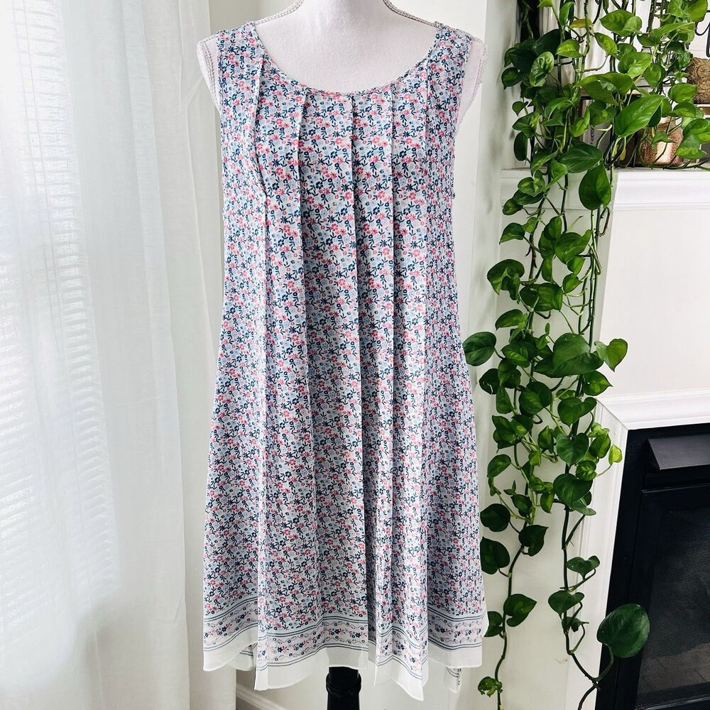 Sophia Max Blue & Pink Floral Chiffon Fully Lined Flowy Pleated Dress - Medium